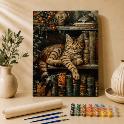 Kat in boekenkast | Schilderen op Nummer